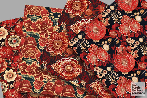 Chinese Lunar New Year Digital Paper | Red Gold Asian Pattern Digital Pattern Fine Purple Elephant Creations 