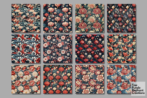 Chinese Lunar Traditions Digital Paper | Asian New Year Pattern Digital Pattern Fine Purple Elephant Creations 