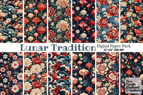 Chinese Lunar Traditions Digital Paper | Asian New Year Pattern Digital Pattern Fine Purple Elephant Creations 