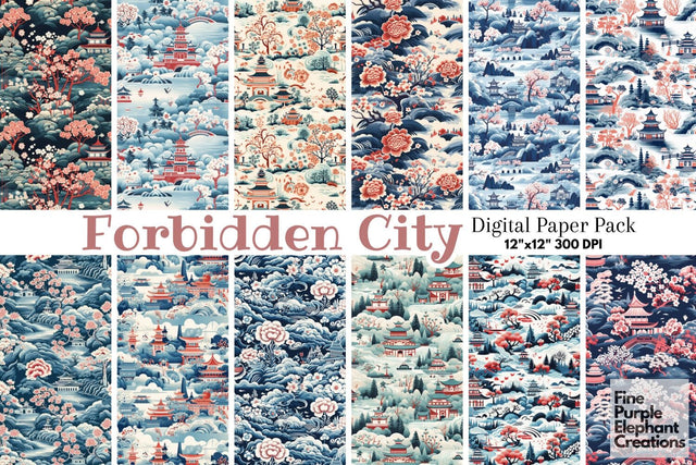 Chinese Temple Digital Paper | Asian Lunar New Year Pattern Digital Pattern Fine Purple Elephant Creations 