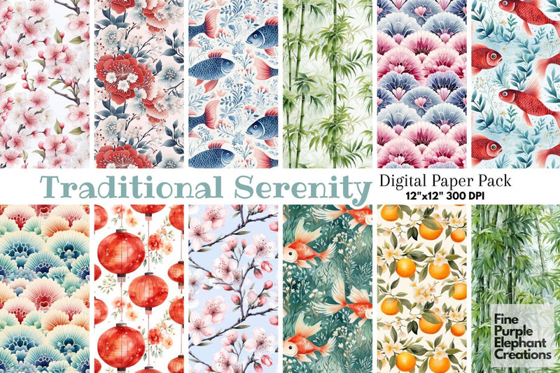 Chinese Watercolor Paper | Asian Lunar New Year Digital Pattern Fine Purple Elephant Creations 