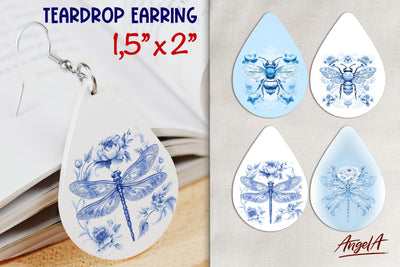 Chinoiserie blue bee dragonfly teardrop earring sublimation Sublimation Angelina Semenova 
