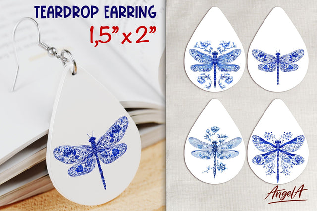 Chinoiserie blue bee dragonfly teardrop earring sublimation Sublimation Angelina Semenova 