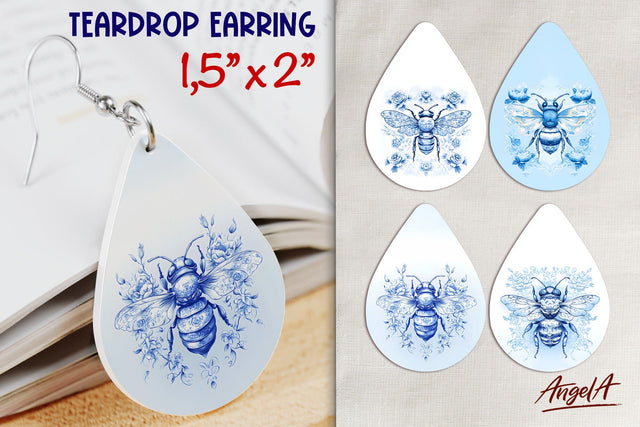 Chinoiserie blue bumble bee teardrop earring sublimation PNG Sublimation Angelina Semenova 