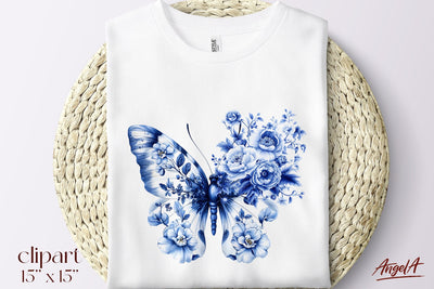 Chinoiserie floral blue butterfly clipart, blue and white Sublimation Angelina Semenova 
