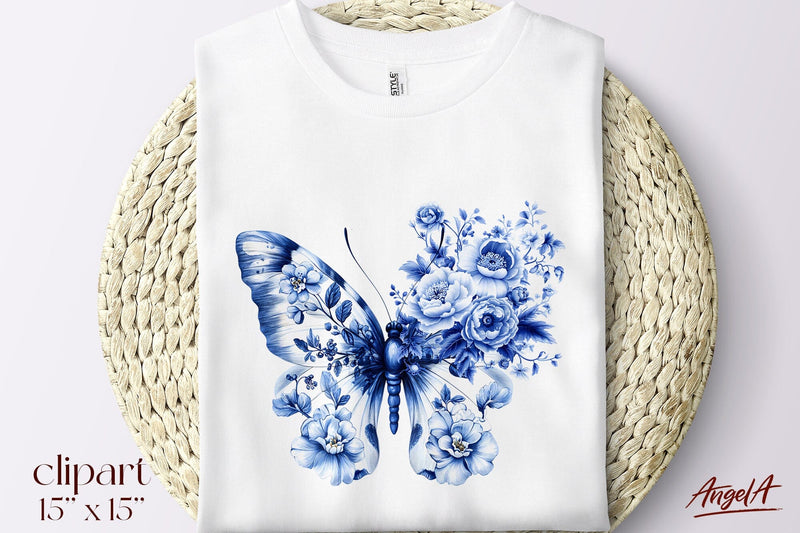 Chinoiserie floral blue butterfly clipart, blue and white Sublimation Angelina Semenova 