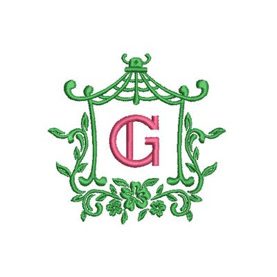 Chinoiserie Pagoda Monogram Frame Embroidery Design Embroidery/Applique DESIGNS Creatively Embroidery 