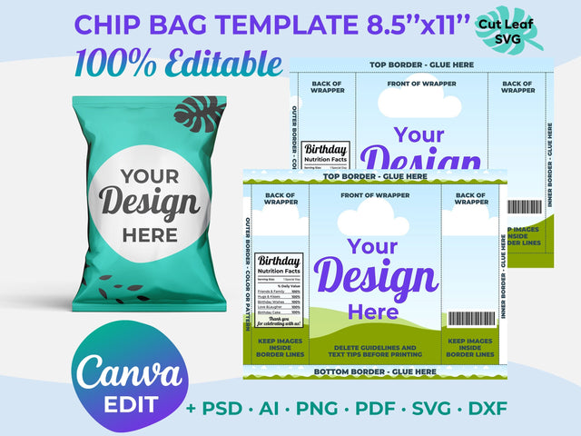 Chip Bag Template, Custom Chip Bag, Chip Bag Template Canva, Canva Editable Sublimation CutLeafSvg 