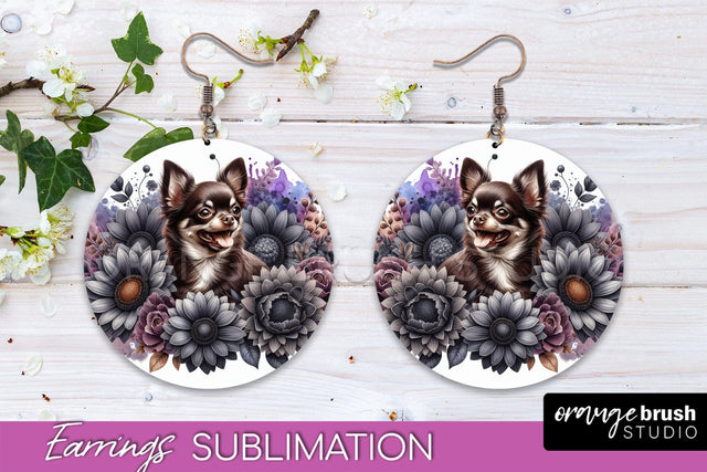 Chocolate Chihuahua Earrings - Dog Mom Floral Round Earring Sublimation Sublimation OrangeBrushStudio 