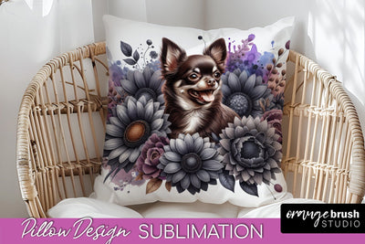 Chocolate Chihuahua Pillow Cover - Dog Mom Floral Pillow Sublimation Sublimation OrangeBrushStudio 