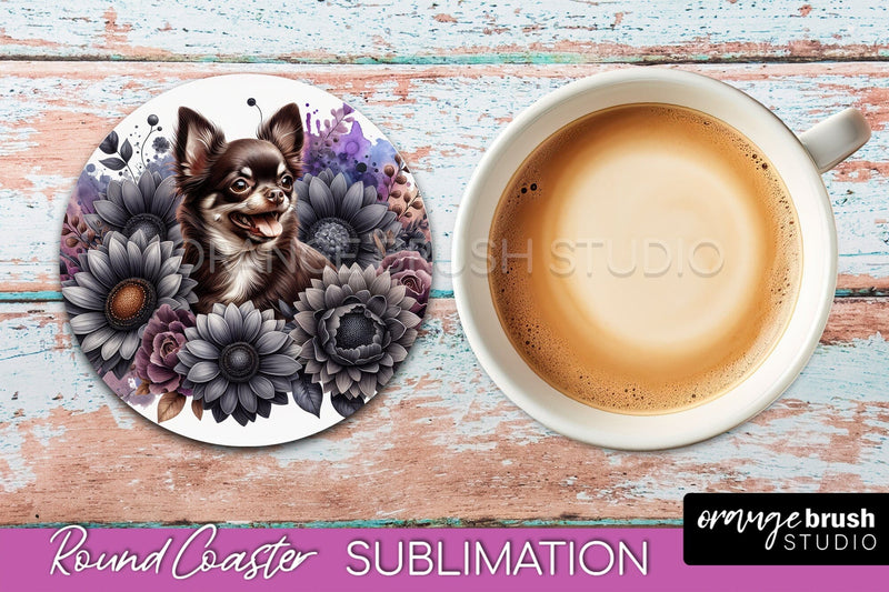 Chocolate Chihuahua Round Coaster - Dog Mom Floral Coaster Sublimation Sublimation OrangeBrushStudio 