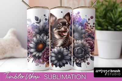 Chocolate Chihuahua Tumbler Wrap - Dog Mom Floral Tumbler Sublimation Sublimation OrangeBrushStudio 