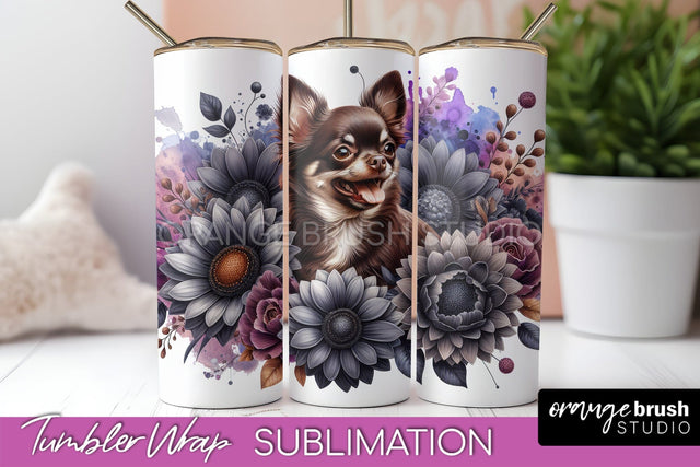 Chocolate Chihuahua Tumbler Wrap - Dog Mom Floral Tumbler Sublimation Sublimation OrangeBrushStudio 