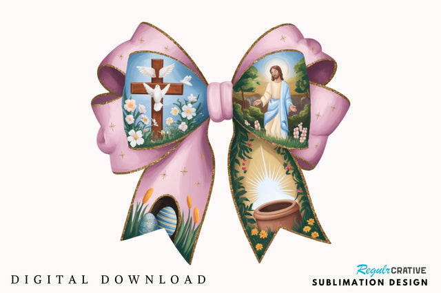 Christan Easter Coquette Bow PNG, Easter Coquette PNG, Happy Easter Jesus PNG, Retro Easter PNG, Pink Easter PNG, Floral Spring PNG, Easter Sublimation, Religious Easter Bow with Biblical Scenes PNG Sublimation Regulrcrative 