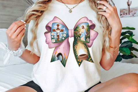 Christan Easter Coquette Bow PNG, Easter Coquette PNG, Happy Easter Jesus PNG, Retro Easter PNG, Pink Easter PNG, Floral Spring PNG, Easter Sublimation, Religious Easter Bow with Biblical Scenes PNG Sublimation Regulrcrative 