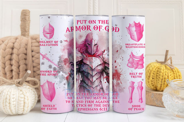Christian 20oz Skinny Tumbler Design Pink Armor of God Tumbler Wrap Sublimation Design, Christian Tumbler Wrap PNG Digital Download Sublimation BouDesign 