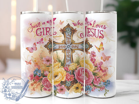 Christian 20oz Skinny Tumbler PNG, Just a Girl Who Loves Jesus Tumbler Sublimation Wrap, Straight & Tapered Tumbler Wrap, Instant Digital Download Sublimation ToriDesigns 