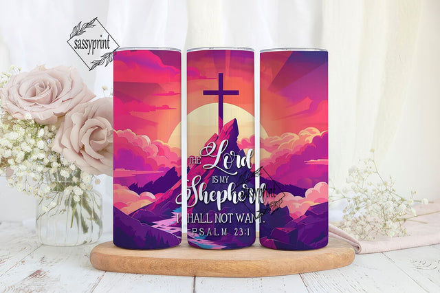 Christian Bible Verse 20 oz Skinny Tumbler Wrap Sublimation Design, The Lord Is My Shepherd Cross at Sunset Tumbler, Digital Download PNG Sublimation sassyprint 