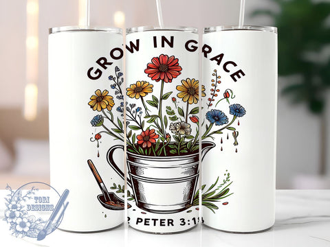 Christian Bible Verse 20oz Skinny Tumbler, Grow In Grace Faith Flower Tumbler Png, Straight & Tapered Tumbler Wrap, Instant Digital Download Sublimation ToriDesigns 
