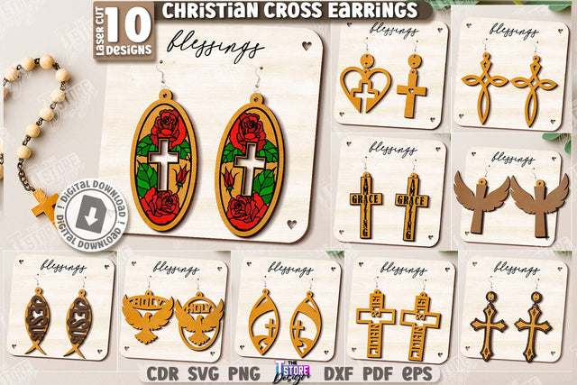 Christian Cross Earrings Laser Cut Bundle. Digital Download. Christian Jewelry. Religious Accessory SVG The T Store Design 