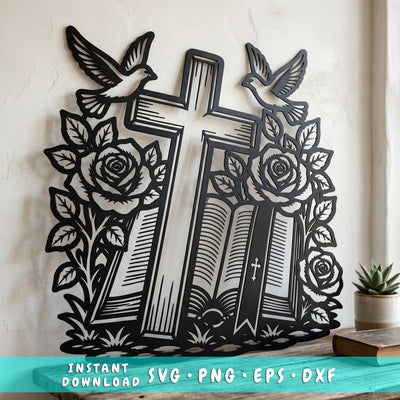 Christian Cross Laser SVG with Roses, Doves & Bible | Religious Metal Wall Art DXF | CNC Plasma Laser Cut File | Faith Decor Svg Png Eps SVG HappyDesignStudio 