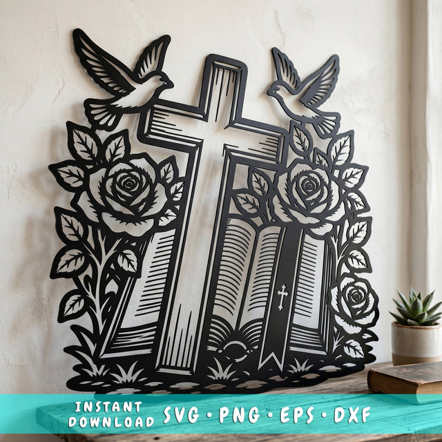 Christian Cross Laser SVG with Roses, Doves & Bible | Religious Metal Wall Art DXF | CNC Plasma Laser Cut File | Faith Decor Svg Png Eps SVG HappyDesignStudio 