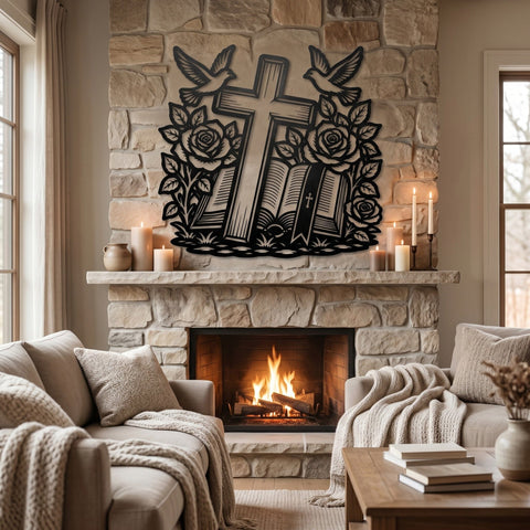 Christian Cross Laser SVG with Roses, Doves & Bible | Religious Metal Wall Art DXF | CNC Plasma Laser Cut File | Faith Decor Svg Png Eps SVG HappyDesignStudio 