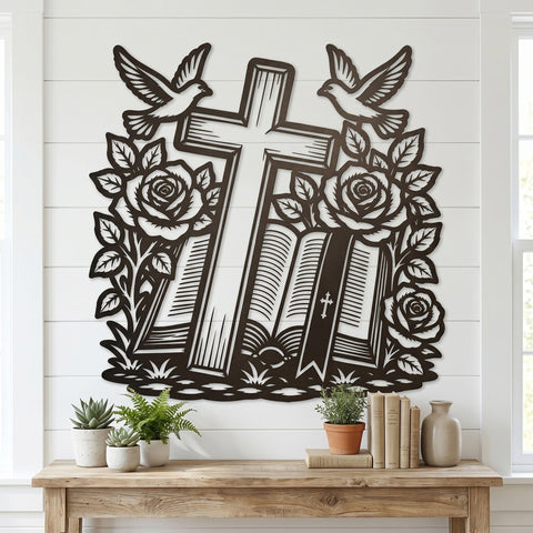 Christian Cross Laser SVG with Roses, Doves & Bible | Religious Metal Wall Art DXF | CNC Plasma Laser Cut File | Faith Decor Svg Png Eps SVG HappyDesignStudio 