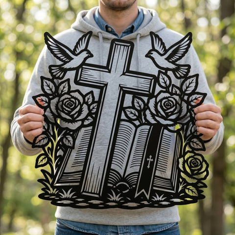 Christian Cross Laser SVG with Roses, Doves & Bible | Religious Metal Wall Art DXF | CNC Plasma Laser Cut File | Faith Decor Svg Png Eps SVG HappyDesignStudio 