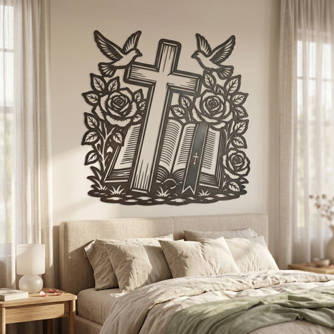 Christian Cross Laser SVG with Roses, Doves & Bible | Religious Metal Wall Art DXF | CNC Plasma Laser Cut File | Faith Decor Svg Png Eps SVG HappyDesignStudio 