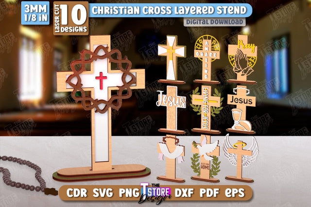 Christian Cross with Stand Laser Cut Bundle | Religious Symbol | Layered Cross | CNC Files SVG The T Store Design 