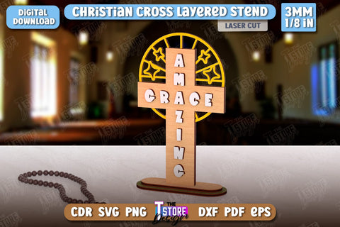 Christian Cross with Stand Laser Cut Bundle | Religious Symbol | Layered Cross | CNC Files SVG The T Store Design 
