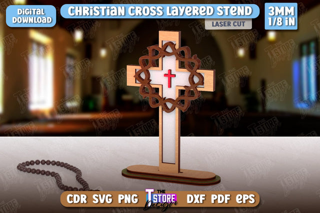 Christian Cross with Stand Laser Cut | Religious Symbol | Layered Cross | CNC File SVG The T Store Design 
