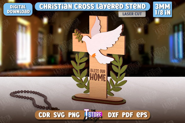 Christian Cross with Stand Laser Cut | Religious Symbol | Layered Cross | CNC File SVG The T Store Design 