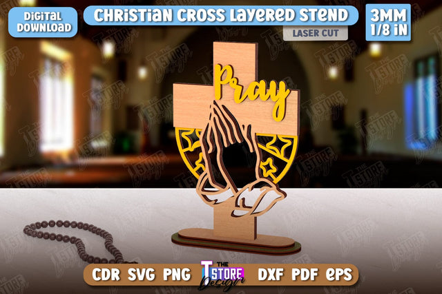 Christian Cross with Stand Laser Cut | Religious Symbol | Layered Cross | CNC File SVG The T Store Design 