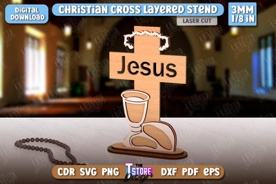 Christian Cross with Stand Laser Cut | Religious Symbol | Layered Cross | CNC File SVG The T Store Design 