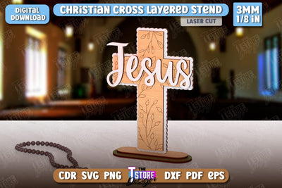 Christian Cross with Stand Laser Cut | Religious Symbol | Layered Cross | CNC File SVG The T Store Design 