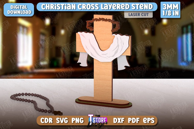 Christian Cross with Stand Laser Cut | Religious Symbol | Layered Cross | CNC File SVG The T Store Design 