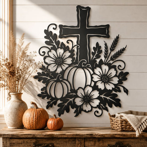 Christian Fall Cross Laser SVG, Pumpkin Floral Cross DXF, Autumn Harvest Metal Art, Thanksgiving CNC Plasma Cut File SVG HappyDesignStudio 