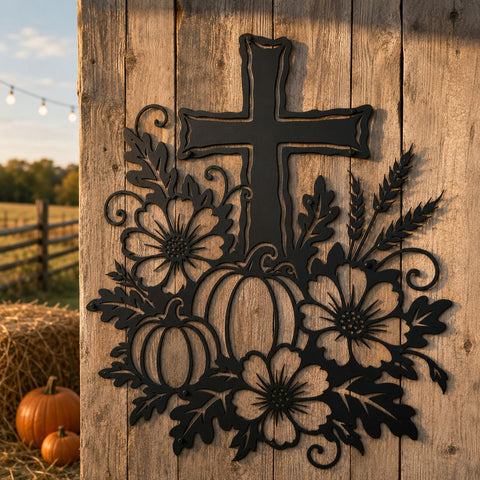Christian Fall Cross Laser SVG, Pumpkin Floral Cross DXF, Autumn Harvest Metal Art, Thanksgiving CNC Plasma Cut File SVG HappyDesignStudio 