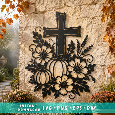 Christian Fall Cross Laser SVG, Pumpkin Floral Cross DXF, Autumn Harvest Metal Art, Thanksgiving CNC Plasma Cut File SVG HappyDesignStudio 
