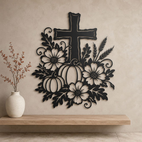 Christian Fall Cross Laser SVG, Pumpkin Floral Cross DXF, Autumn Harvest Metal Art, Thanksgiving CNC Plasma Cut File SVG HappyDesignStudio 