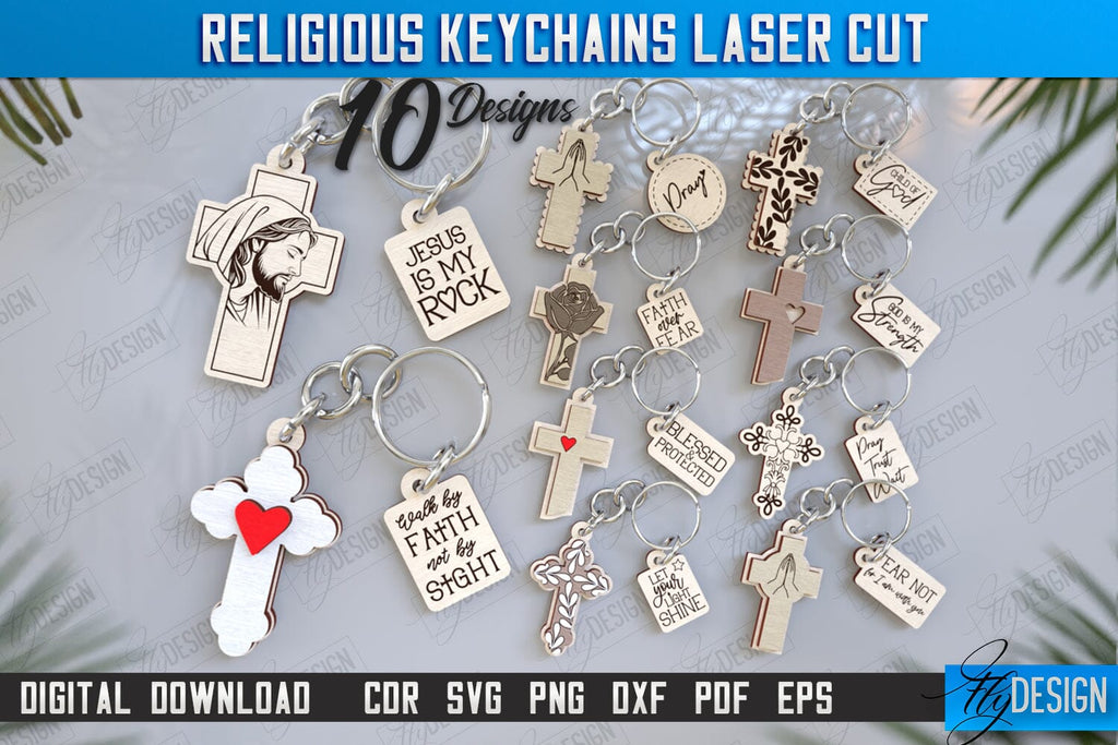 Religious Keychains Svg Christian Keychain Laser Cut Bundle | Religious Symbol | 3D Keyring ...