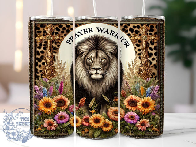 Christian Lion Sunflower Cross 20oz Skinny Tumbler, Prayer Warrior Tumbler Png, Straight & Tapered Tumbler Wrap, Instant Digital Download Sublimation ToriDesigns 