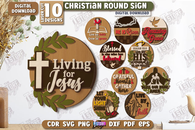 Christian Round Signs Laser Cut Bundle | Religious Symbol | Signs Inscription | Round Wall Signs | CNC Files SVG The T Store Design 