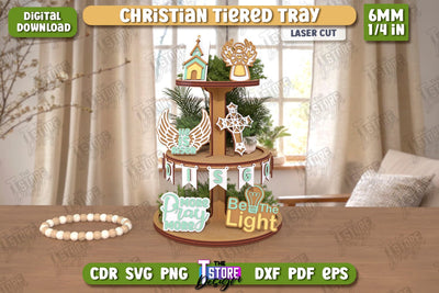 Christian Tiered Tray Laser Cut | Round Stand with Elements | Christian Symbols | Dessert Tiered Tray | CNC File SVG The T Store Design 