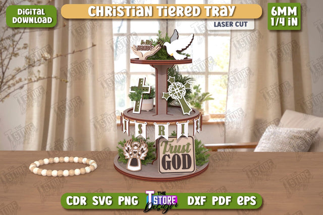 Christian Tiered Tray Laser Cut | Round Stand with Elements | Christian Symbols | Dessert Tiered Tray | CNC File SVG The T Store Design 