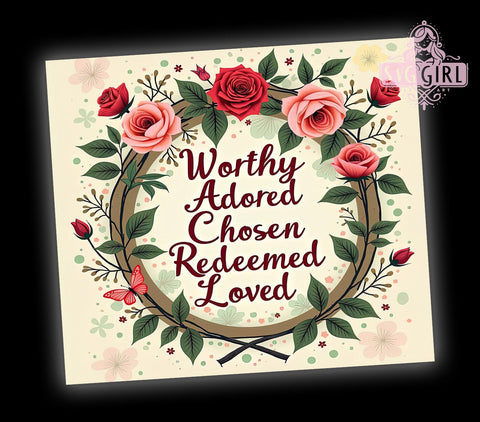 Christian Tumbler Wrap, Bible Verse Tumbler, Inspirational Quote Tumbler, 20oz Sublimation, Faith-Based Drinkware, Worthy Adored Chosen Redeemed Loved Design, Religious Tumbler Wrap Sublimation SvggirlplusArt 