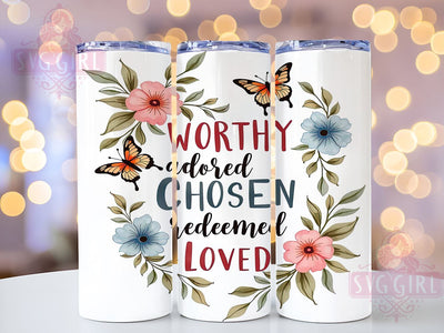 Christian Tumbler Wrap, Bible Verse Tumbler, Inspirational Quote Tumbler, 20oz Sublimation, Faith-Based Drinkware, Worthy Adored Chosen Redeemed Loved Design, Religious Tumbler Wrap Sublimation SvggirlplusArt 