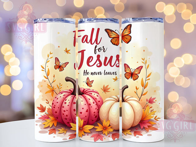 Christian Tumbler Wrap, Fall for Jesus Design, Inspirational Quote Tumbler, 20oz Sublimation, Faith-Based Drinkware, Bible Verse Tumbler, He Never Leaves Design Sublimation SvggirlplusArt 